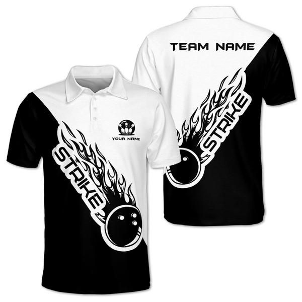 Strike Custom Black And White Bowling Polo Team Shirt Mens, Custom Bowling Team Shirts BM0337