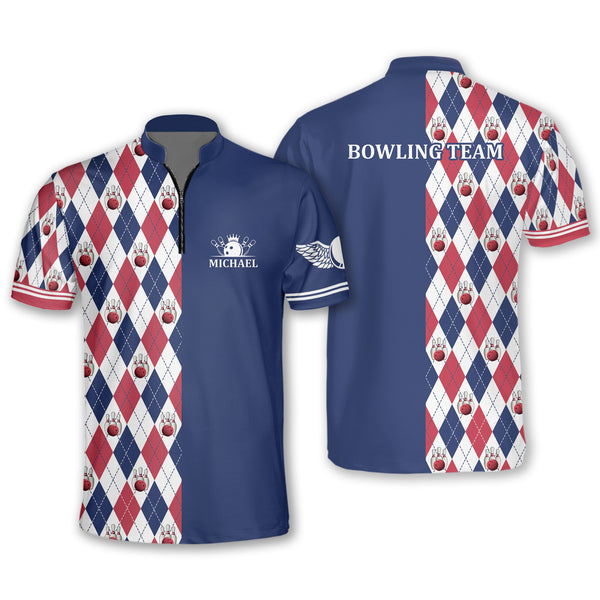 Custom Team Bowling Jersey Shirts For Men, Custom Red White And Blue Argyle Bowling Team Shirt BO0137