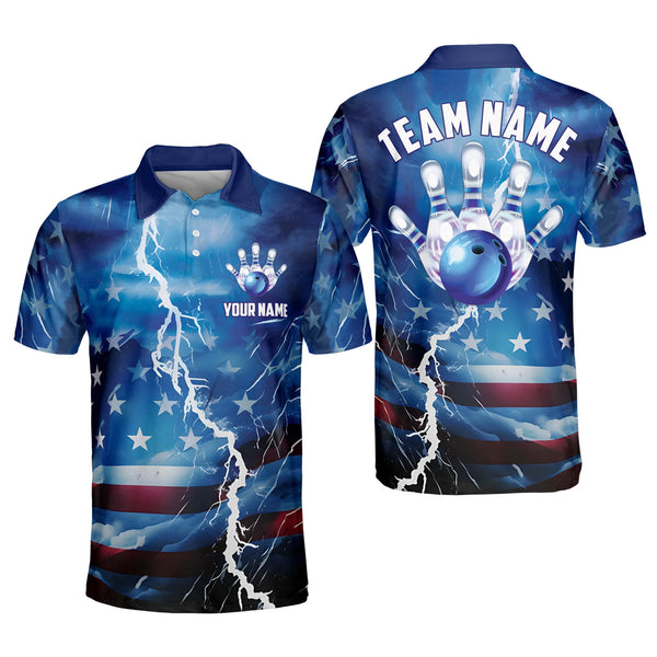 Custom Blue American Flag Bowling Polo Shirt For Men, Custom Patriotic Bowling Team Shirt BO0380