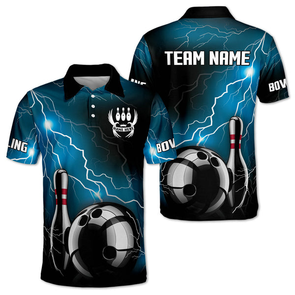 Custom Thunder Bowling Polo Shirt For Men, Custom Team Black And Blue Bowling Shirt BM0299