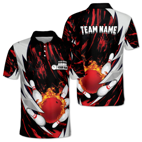 Custom Red Ball Flame Bowling Polo Shirt For Men, Custom Flame Bowling Team Shirts BZ0043