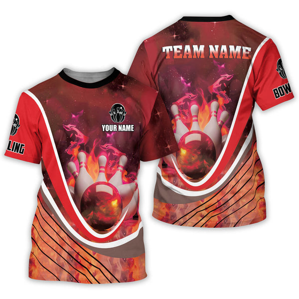 Custom Flame Bowling T Shirt For Men, Custom Red Flame Bowling Team Shirts BZ0084