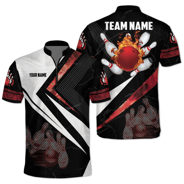Custom Black And Red Flame Ball Bowling Jersey Shirt For Men, Custom Bowling Team Shirts BZ0087