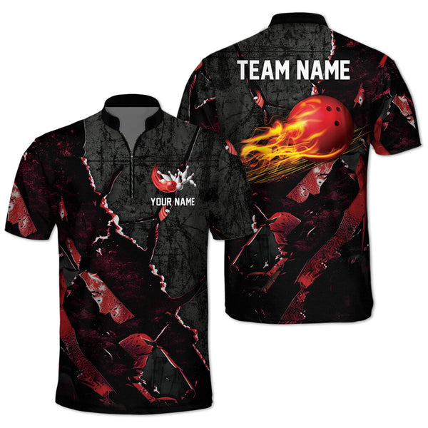 Custom Black And Red Flame Ball Bowling Jersey Shirt For Men, Custom Bowling Team Shirts BZ0093