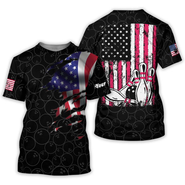Custom American Flag Bowling T Shirt For Men, Custom Patriotic Black Bowling Shirt BZ0096
