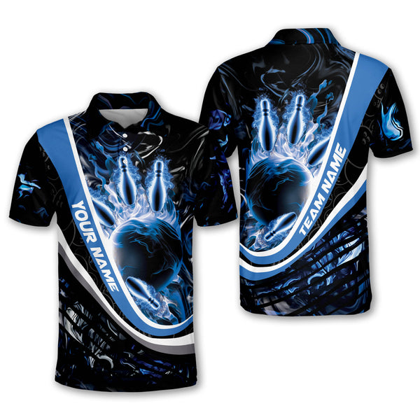 Custom Black And Blue Flame Bowling Polo Shirt For Men, Custom Team Flame Bowling Shirt BM0314