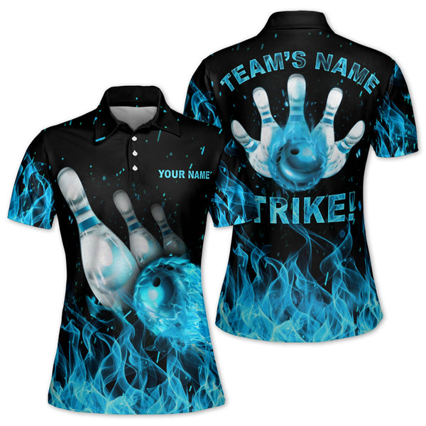 Custom Blue Flame Bowling Polo Shirt For Women, Custom Flame Bowling Team Shirts For Ladies BZ0133