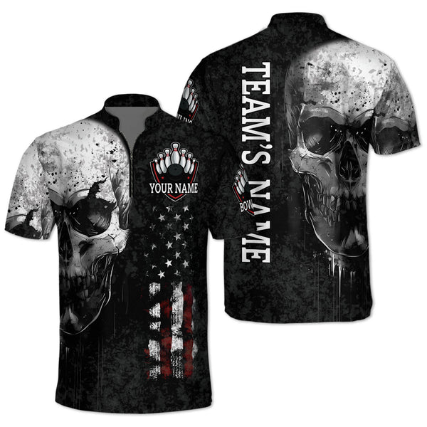 Custom Skull Bowling Jersey Shirt For Men, Custom Team Black Bowling Shirt Skull BZ0143