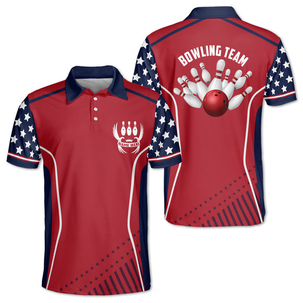 Custom Red White And Blue Patriotic Bowling Polo Shirts For Men, Custom Patriotic Bowling Team Shirts BM0310