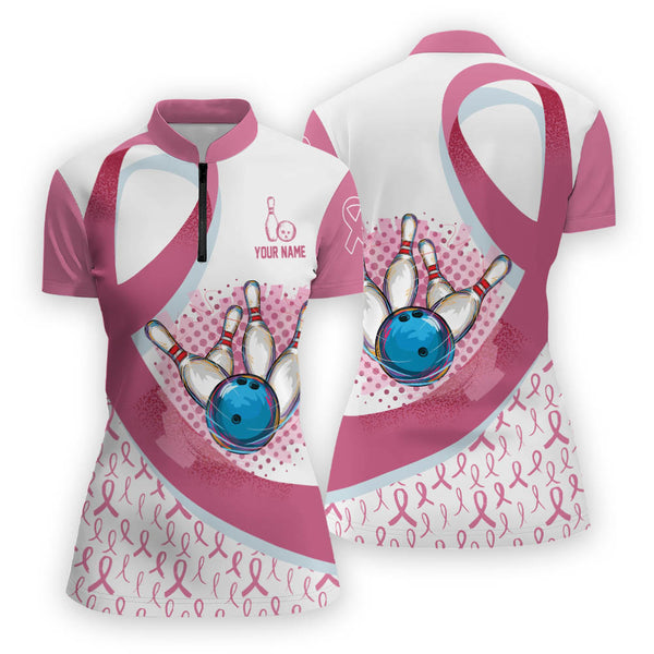Custom Breast Cancer Bowling Jersey Shirt For Women, Custom White And Pink Breast Cancer Bowling Shirt Women BZ0149