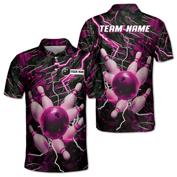 Custom Pink Team Bowling Polo Shirt For Men, Custom Thunder Bowling Team Shirts BM0313