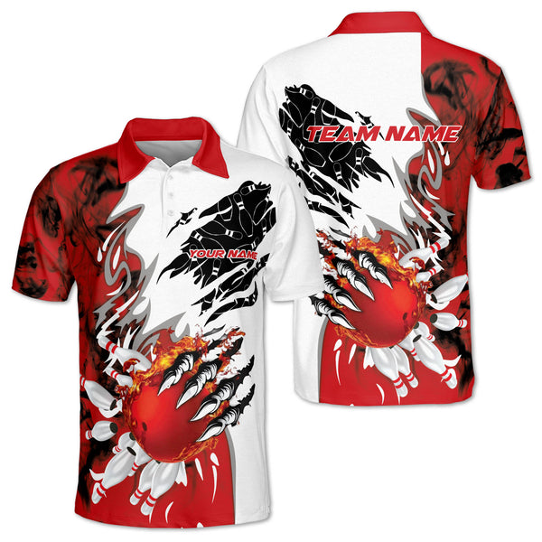 Custom Red Ball Flame Bowling Polo Shirt For Men, Custom Flame Bowling Team Shirts BZ0171