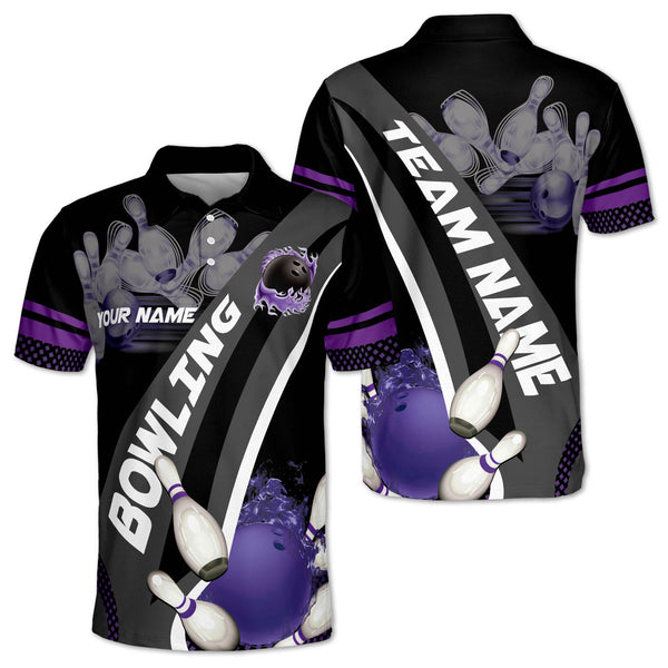 Custom Purple Flame Ball Bowling Polo Shirt For Men, Custom Bowling Team Shirts BZ0182