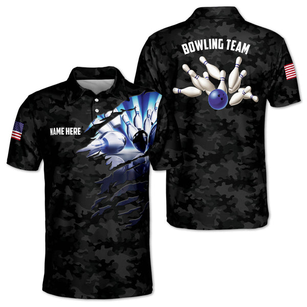 Custom Camo Bowling Polo Shirt For Men, Custom Black Bowling Team Shirts BZ0194