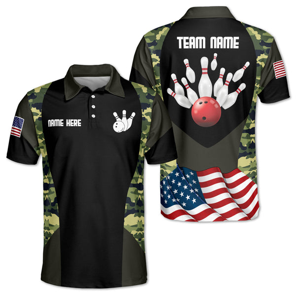 Custom Camo Bowling Polo Shirt For Men, Custom American Flag Camo Bowling Team Shirts BZ0195