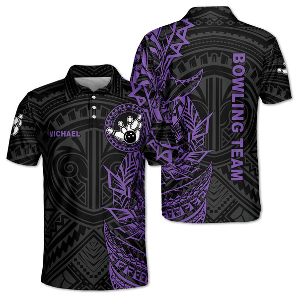 Custom Black And Purple Tribal Bowling Polo Shirt For Men, Custom Bowling Team Shirts BZ0199