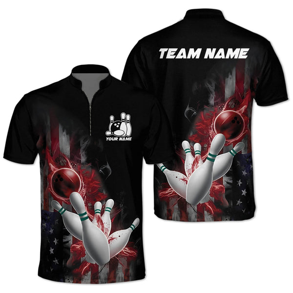 Custom Flame Patriotic Bowling Jersey Shirt For Men, Custom American Flag Bowling Team Shirts BM0335