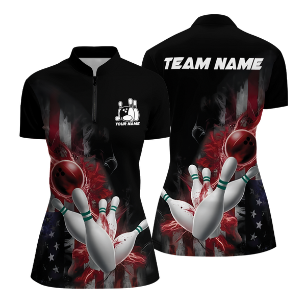 Custom Flame Patriotic Bowling Jersey Shirt For Women, Custom American Flag Bowling Team Shirts BZ0236