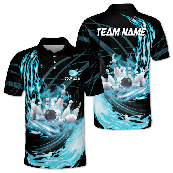 Custom Cyan Flame Bowling Polo Shirts For Men, Custom Flame Bowling Team Shirts BZ0241
