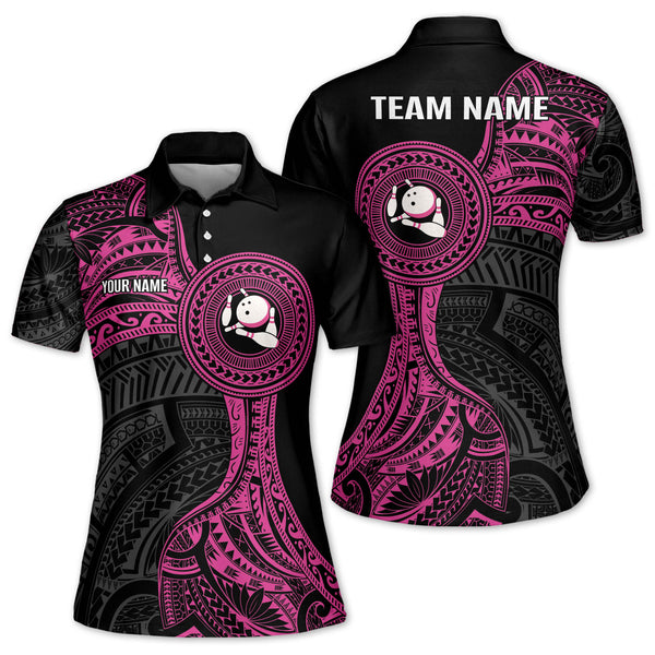 Custom Pink And Black Tribal Bowling Polo Shirts For Women, Custom Womens Tribal Bowling Team Shirts BZ0246
