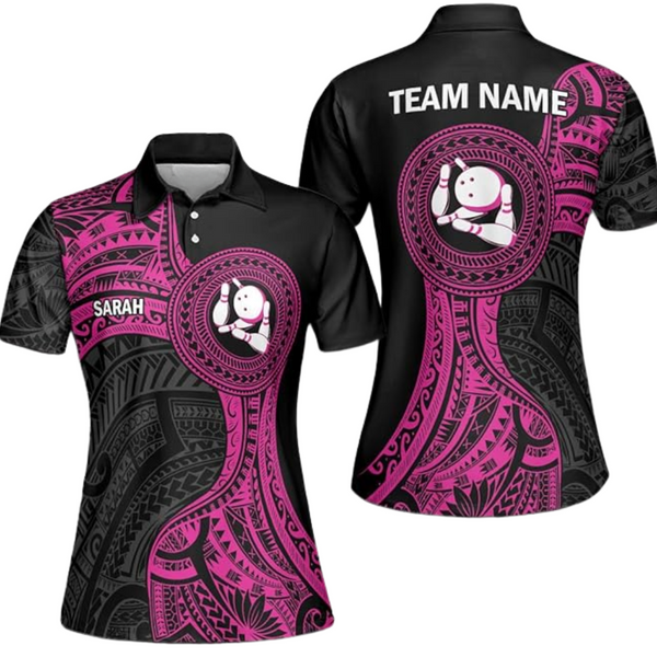Custom Pink And Black Tribal Bowling Polo Shirts For Women, Custom Womens Tribal Bowling Team Shirts BZ0246