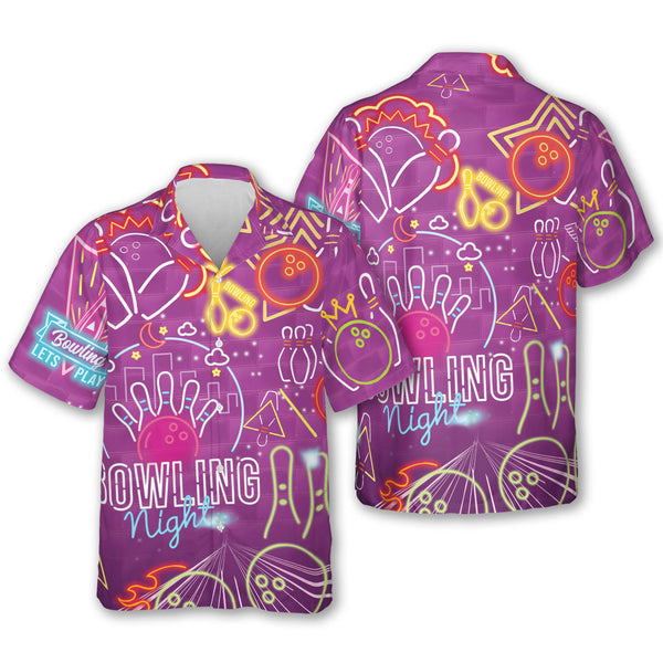 Neon Purple Hawaiian Bowling Shirts For Women, Women's Retro Bowling Shirts Purple BZ0249