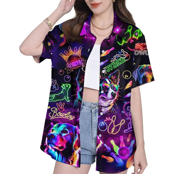 Neon Dog Bowling Hawaiian Shirt Womens, Dog Bowling Shirt For Women BZ0250