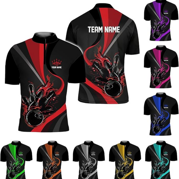 Custom Team Red And Black Bowling Jerseys Shirt For Men, Custom Bowling Team Shirts BZ0258
