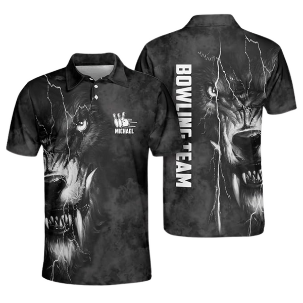 Custom Mens Wolf Black Bowling Polo Shirt, Custom Wolf Bowling Team Shirts BZ0260
