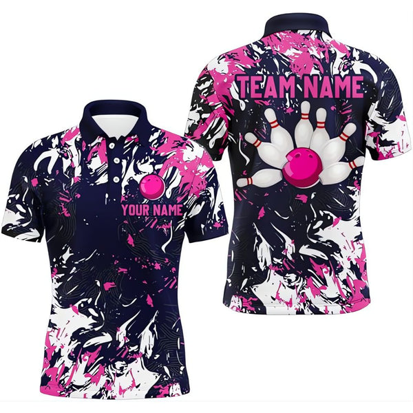 Custom Blue And Pink Grunge Bowling Polo Team Shirt For Men, Custom Men's Bowling Team Shirts BZ0327