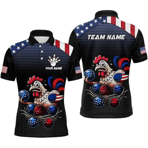 Custom Rooster USA Flag Bowling Polo Shirt Men, Custom Rooster Bowling Team Shirts BZ0328