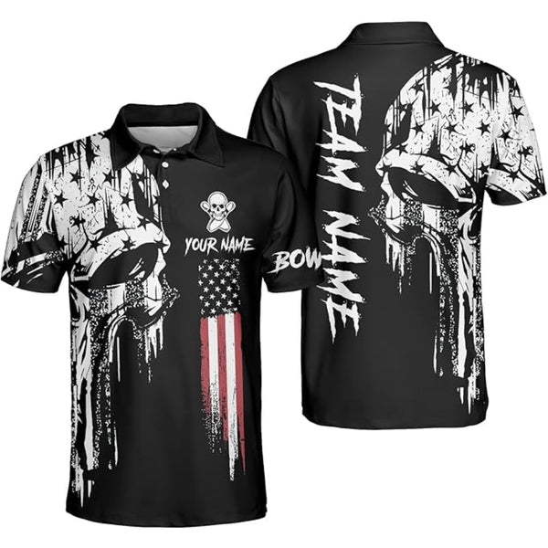 Custom Skull USA Flag Bowling Men Polo Shirts, Custom Skull Bowling Team Shirts BZ0332
