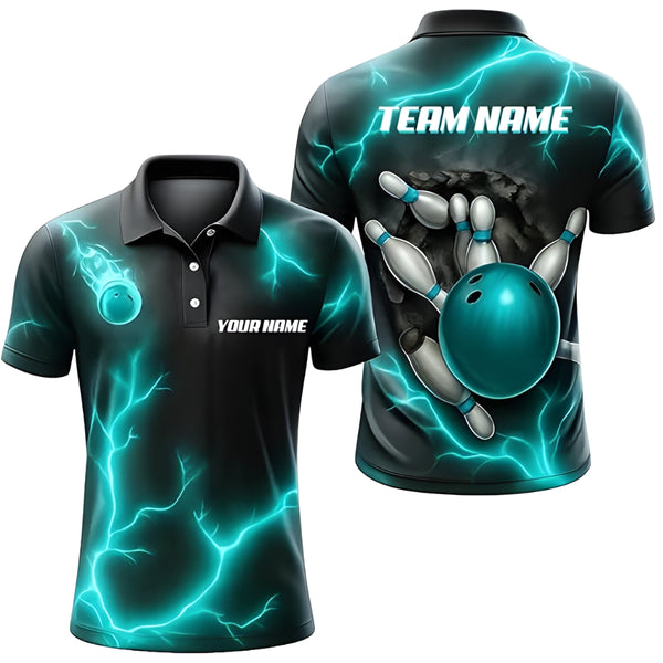 Custom Cyan Thunder Lightning Bowling Men Polo Shirt, Custom Bowling Team Shirts BZ0336