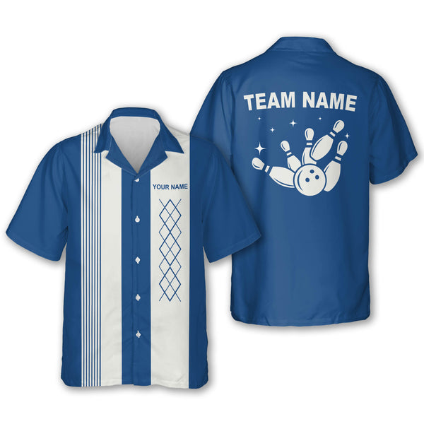 Custom Blue Vintage Bowling Hawaiian Shirt For Men, Custom Vintage Bowling Team Shirts HB0173