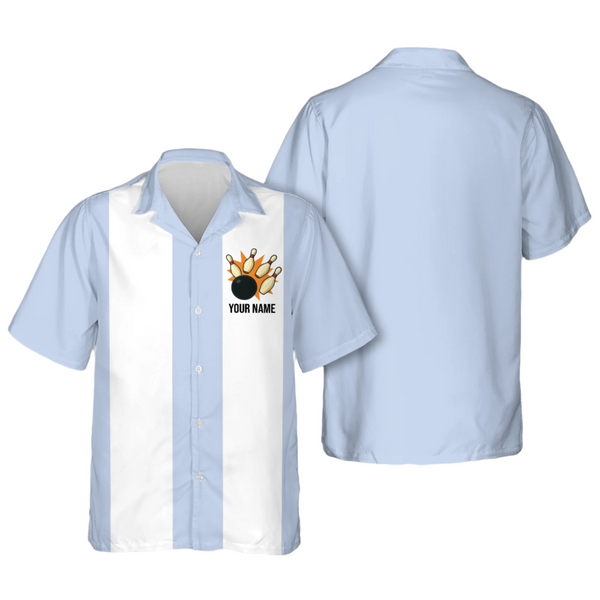 Blue And White Custom Vintage Bowling Hawaiian Shirt, Custom Logo Bowling Shirts, Light Blue Bowling Shirt HB0176