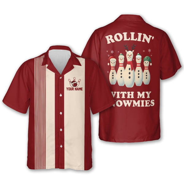 Rollin’ With My Snowmies Custom Retro Xmas Bowling Hawaiian Shirt For Men And Women, Custom Christmas Bowling Shirts HB0189