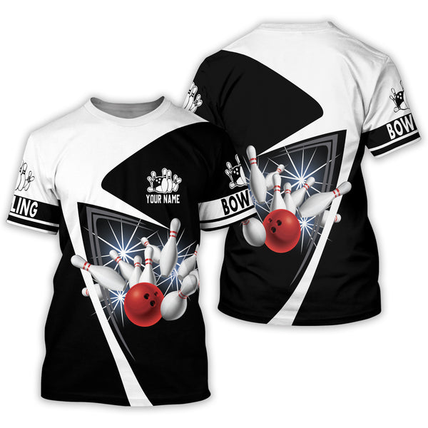 Custom Black And White Bowling T Shirt For Men, Custom Bowling Shirt BZ0077
