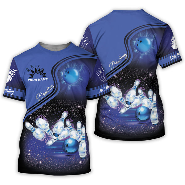 Custom Blue Bowling T Shirt For Men, Custom Bowling Shirt BZ0076