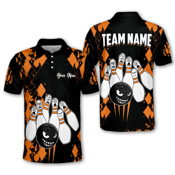 Black And Orange Custom Angry Ball Screaming Pins Bowling Men Polo Shirts, Custom Funny Bowling Team Shirts BM0341