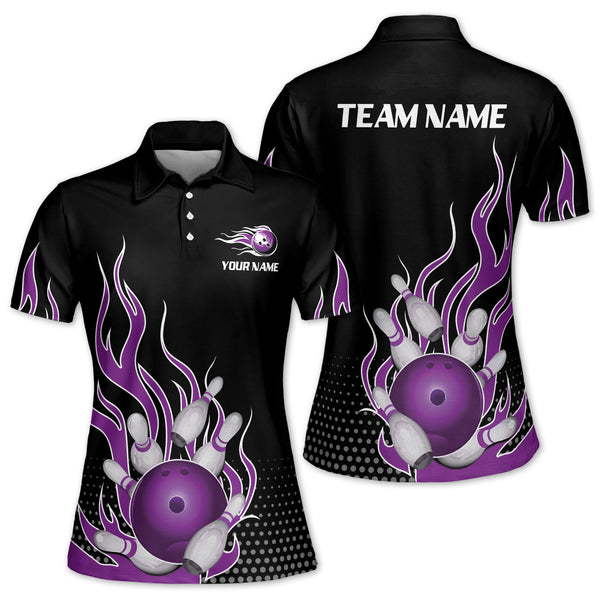 Custom Purple Flame Women's Bowling Polo Shirt, Custom Flame Bowling Team Shirts Women BZ0135