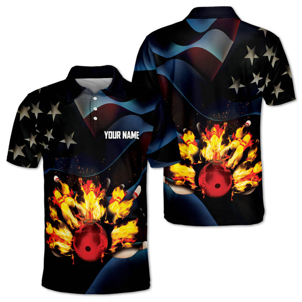 Custom American Flag Bowling Polo Shirt For Men, Custom Patriotic Bowling Shirt Flames BO0085