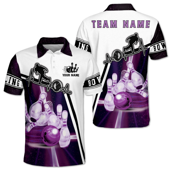 Custom Team White And Purple Bowling Polo Shirt For Men, Custom Bowling Shirt BO0208