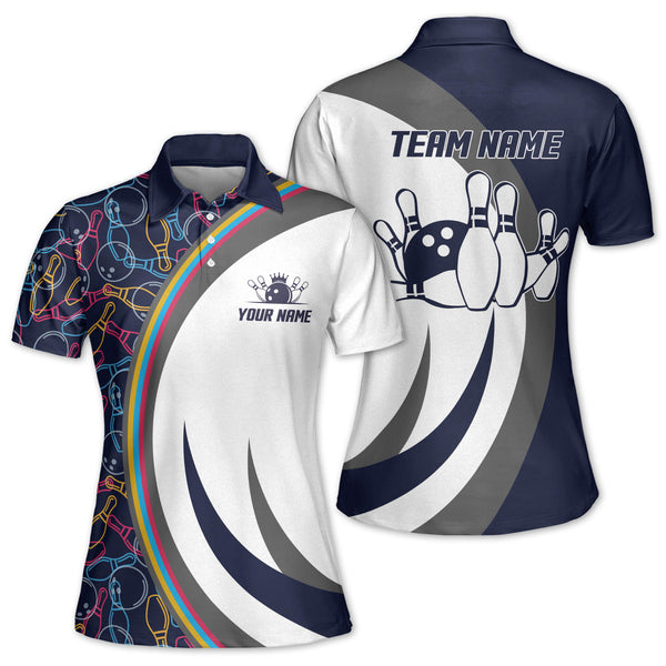 Custom Bowling Shirt For Women, Custom Team White And Blue Bowling Polo Shirt Women BZ0028