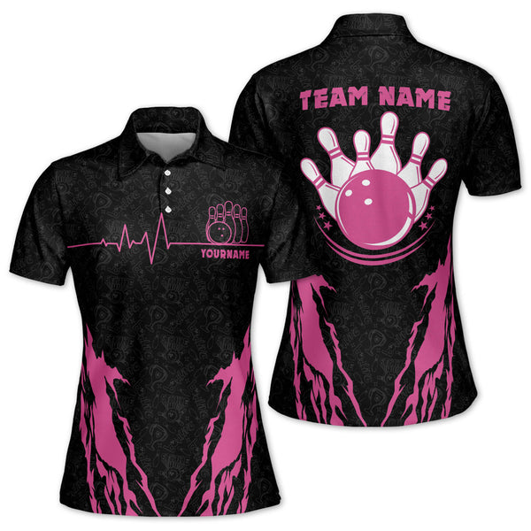 Custom Female Bowling Shirts, Custom Black And Pink Team Bowling Polo Shirt For Women, Custom Womens Bowling Team Shirts BZ0123