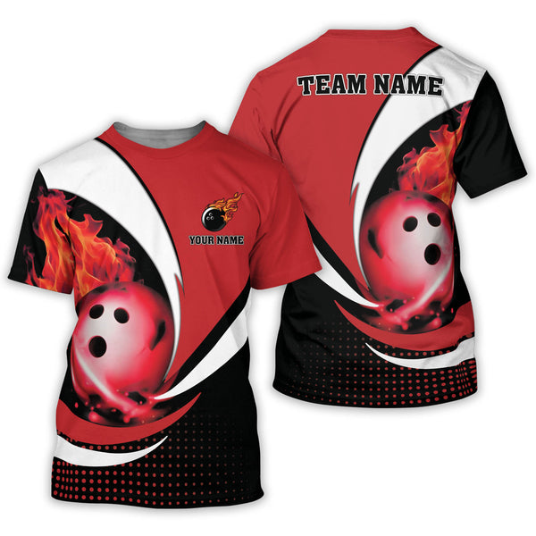 Custom Red Flame Ball Bowling T Shirt For Men, Custom Flame Bowling Team Shirts BZ0091