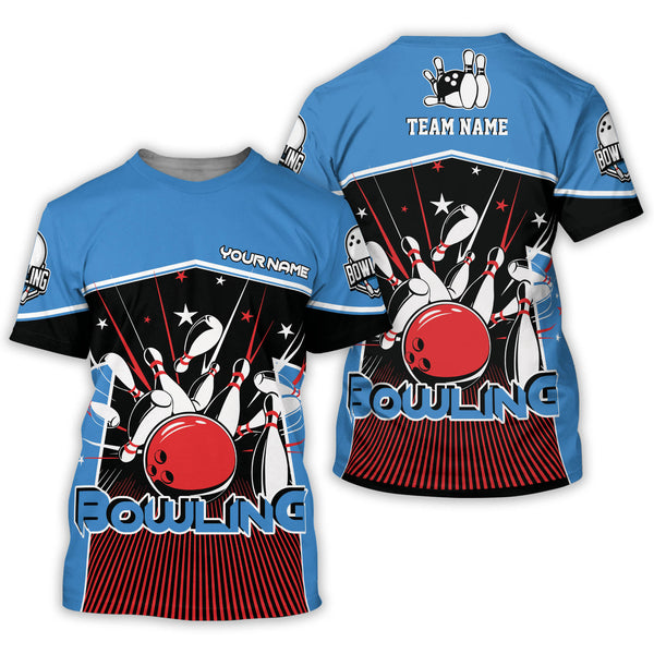 Custom Blue Team Bowling T Shirt For Men, Custom Bowling Team Shirts BZ0067
