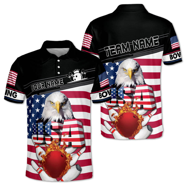 Custom Eagles American Flag Bowling Polo Shirt For Men, Custom Patriotic Bowling Team Shirts BO0087