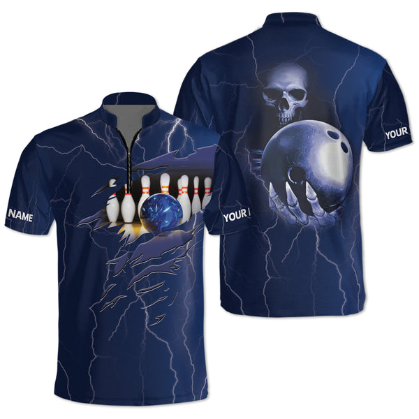 Custom Skull Bowling Jersey Shirt For Men, Custom Blue Skull Bowling Shirt BO0145
