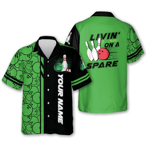 Custom Livin' On A Spare Bowling Hawaiian Shirt For Men, Custom Funny Black And Green Bowling Shirt BZ0015