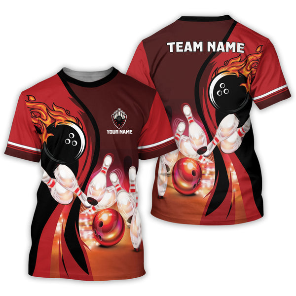 Custom Red Flame Ball Bowling T Shirt For Men, Custom Flame Bowling Team Shirts  BZ0085
